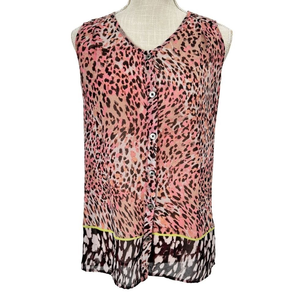 Cabi Beguile Tunic Tank Top Womens XS‎ Pink Animal Print Button Up Sheer V Neck